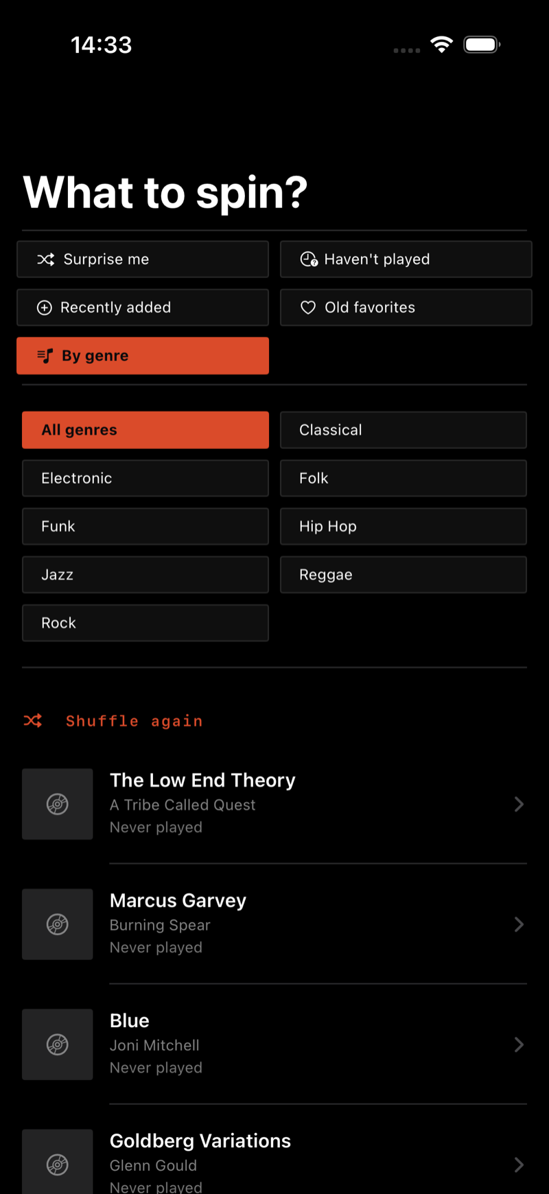 Kura on iPhone — the play-next screen suggesting a record from your own shelf