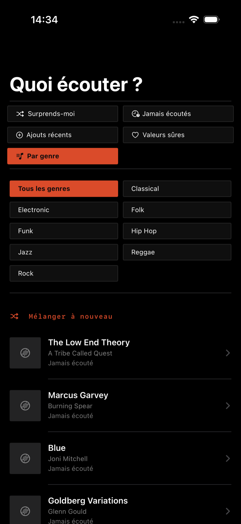 Kura sur iPhone — l'écran de lecture suivante qui propose un disque de ta propre étagère
